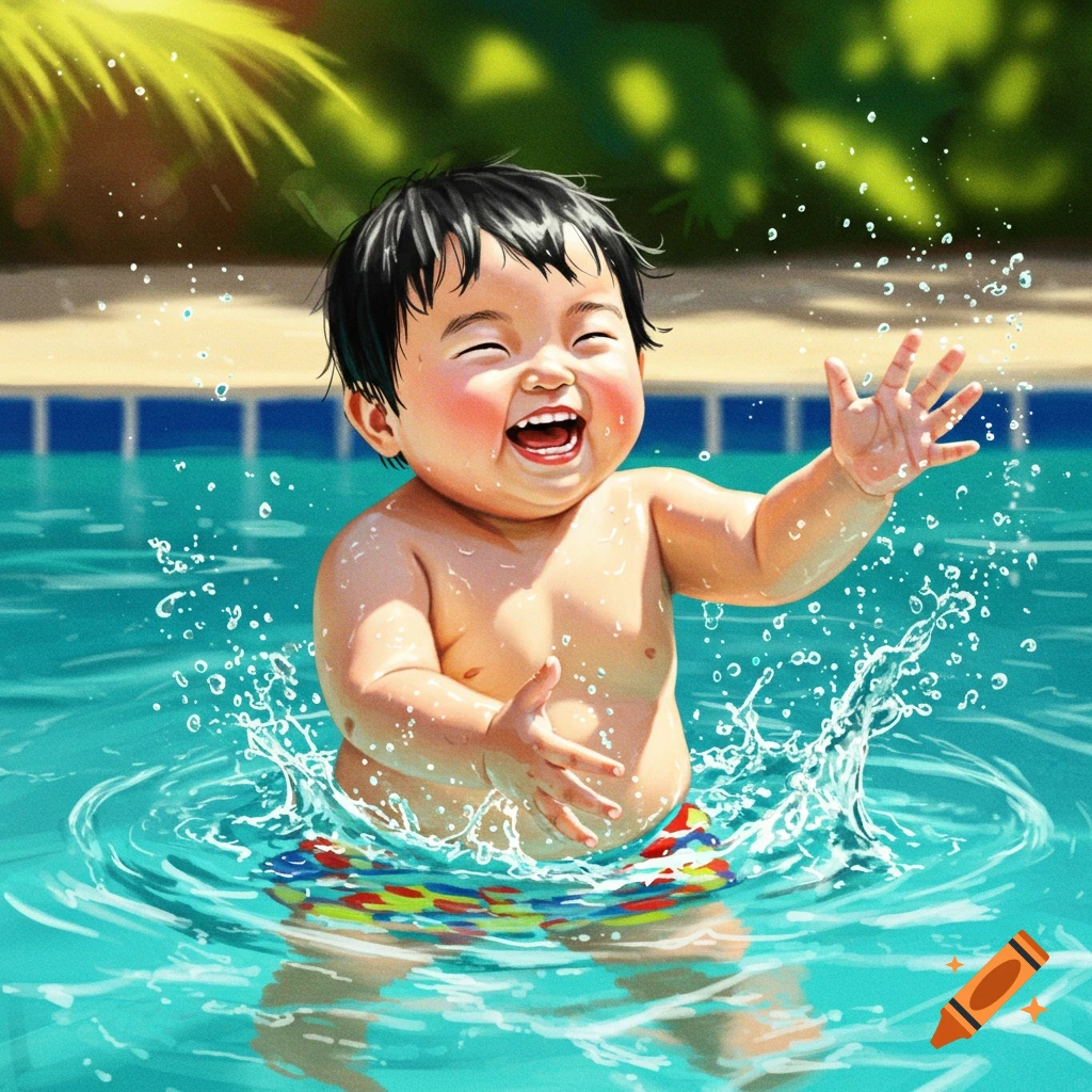 A happy, laughing baby with dark hair splashes water in a swimming pool on a sunny day, an illustration.
