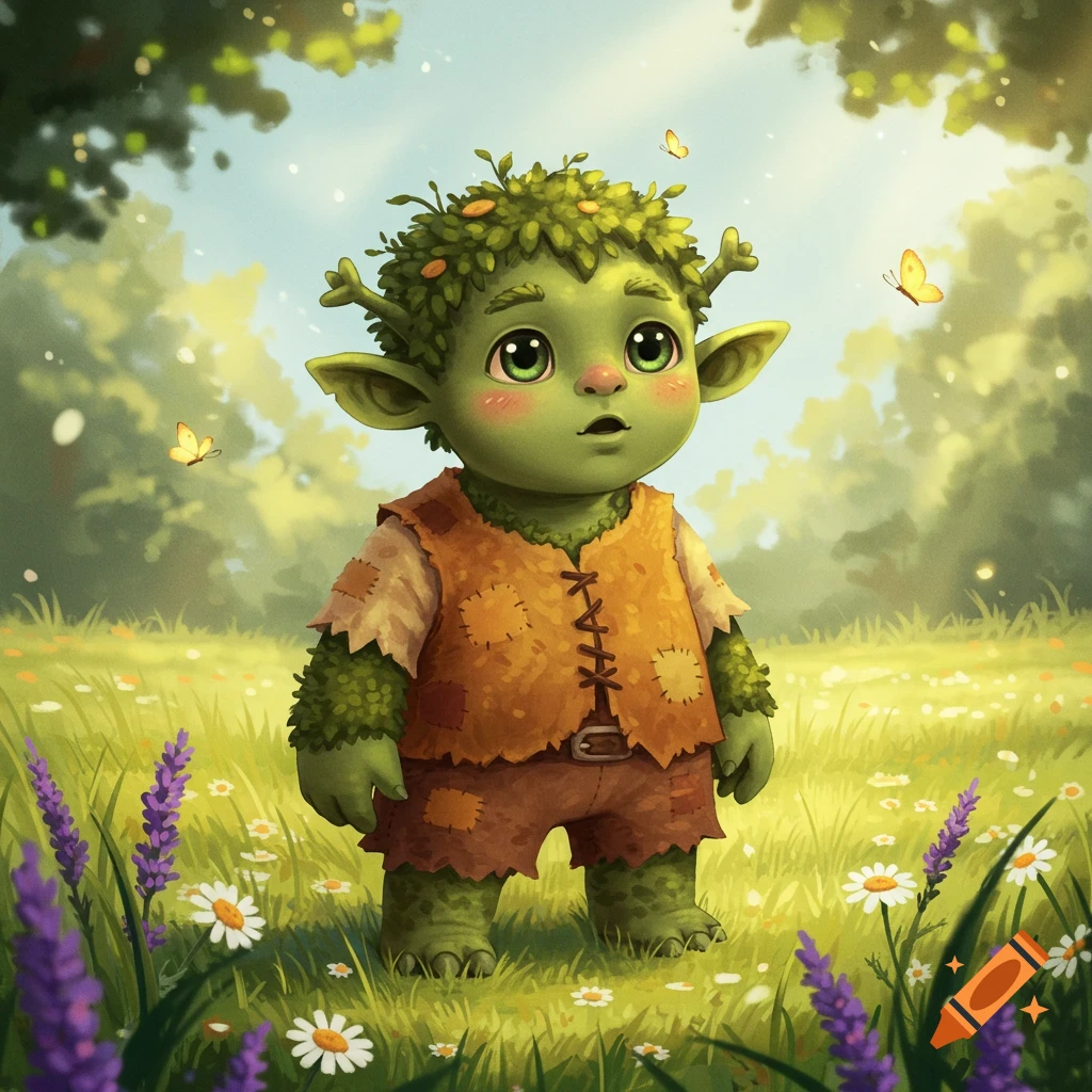 A cute, green, tree-like creature with big eyes and a patched tunic stands in a sunny field of wildflowers with butterflies, in a whimsical illustration style.