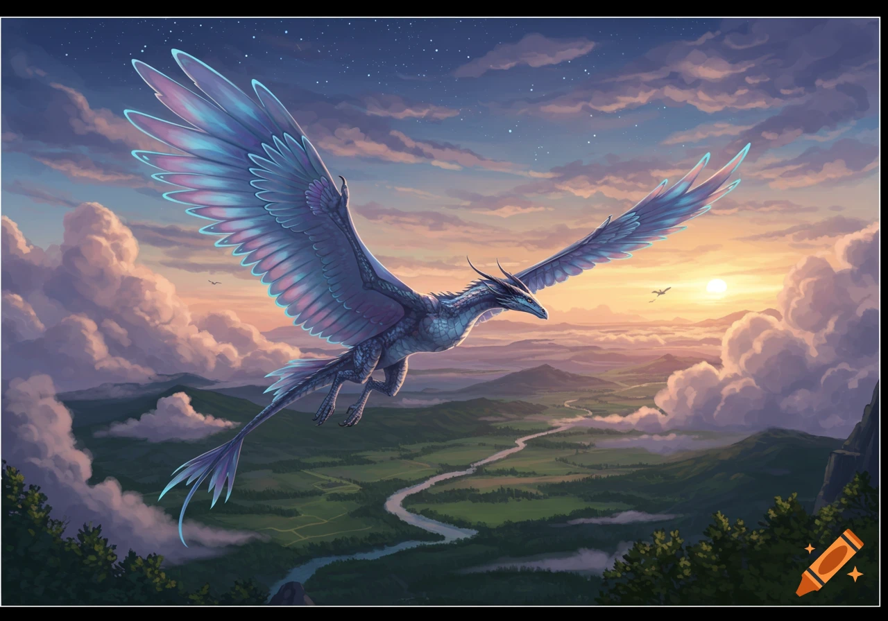 A blue, winged fantasy creature with iridescent wings flies over a green valley with a river, mountains, and clouds at sunset or sunrise.