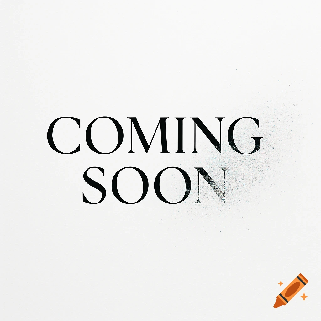 The text 'COMING SOON' in black serif font on a white background, with the right side dissolving into blue particles.