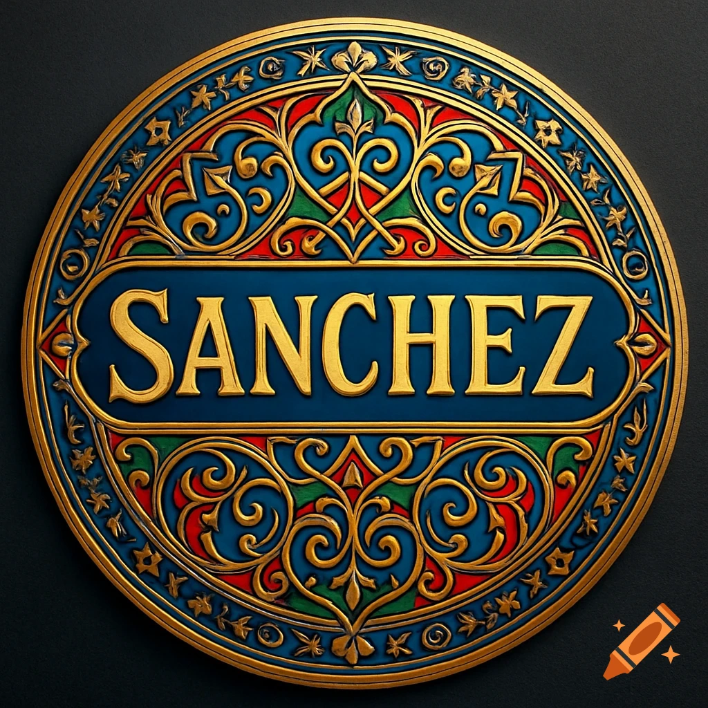 An ornate circular seal with gold filigree and blue, red, and green enamel, featuring the name 'SANCHEZ' in gold letters.