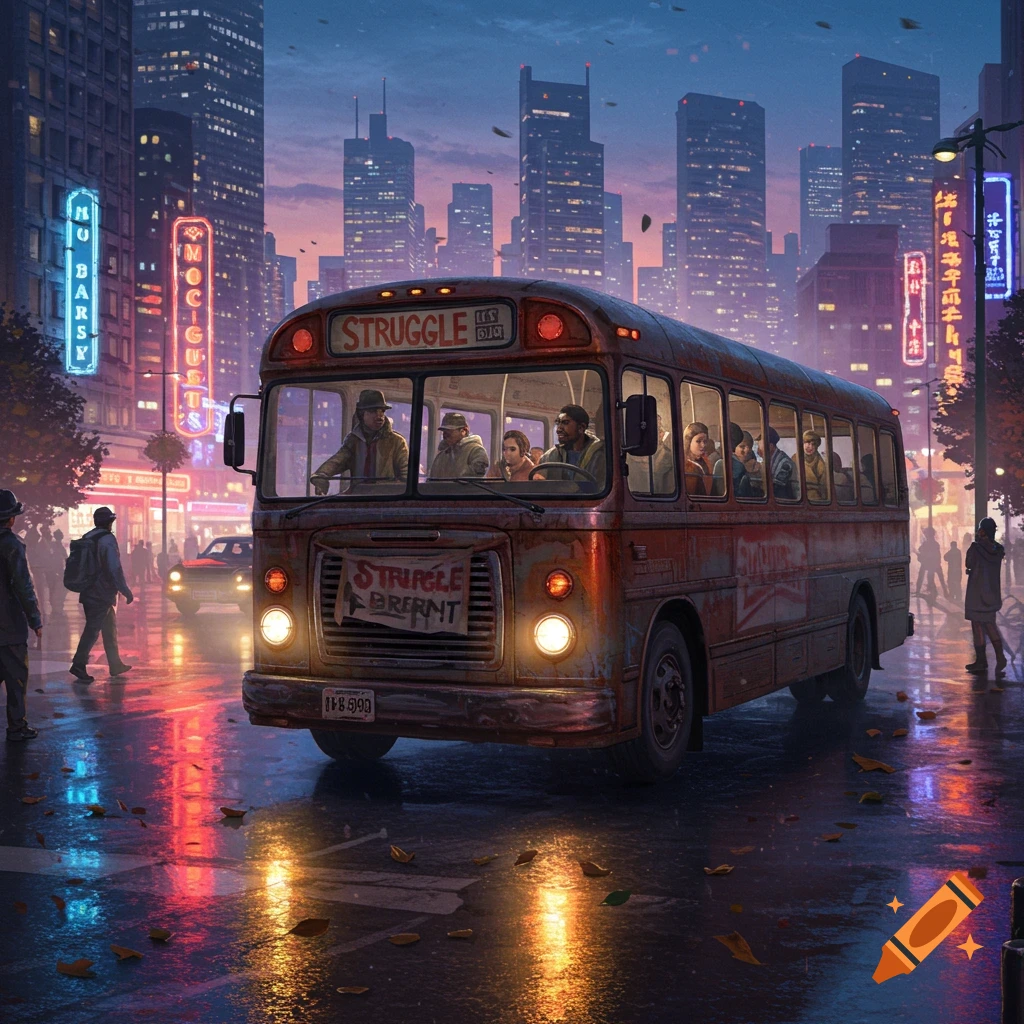 Rusty 'STRUGGLE' bus on a wet city street at dusk, reflecting neon lights, with people on board and walking.