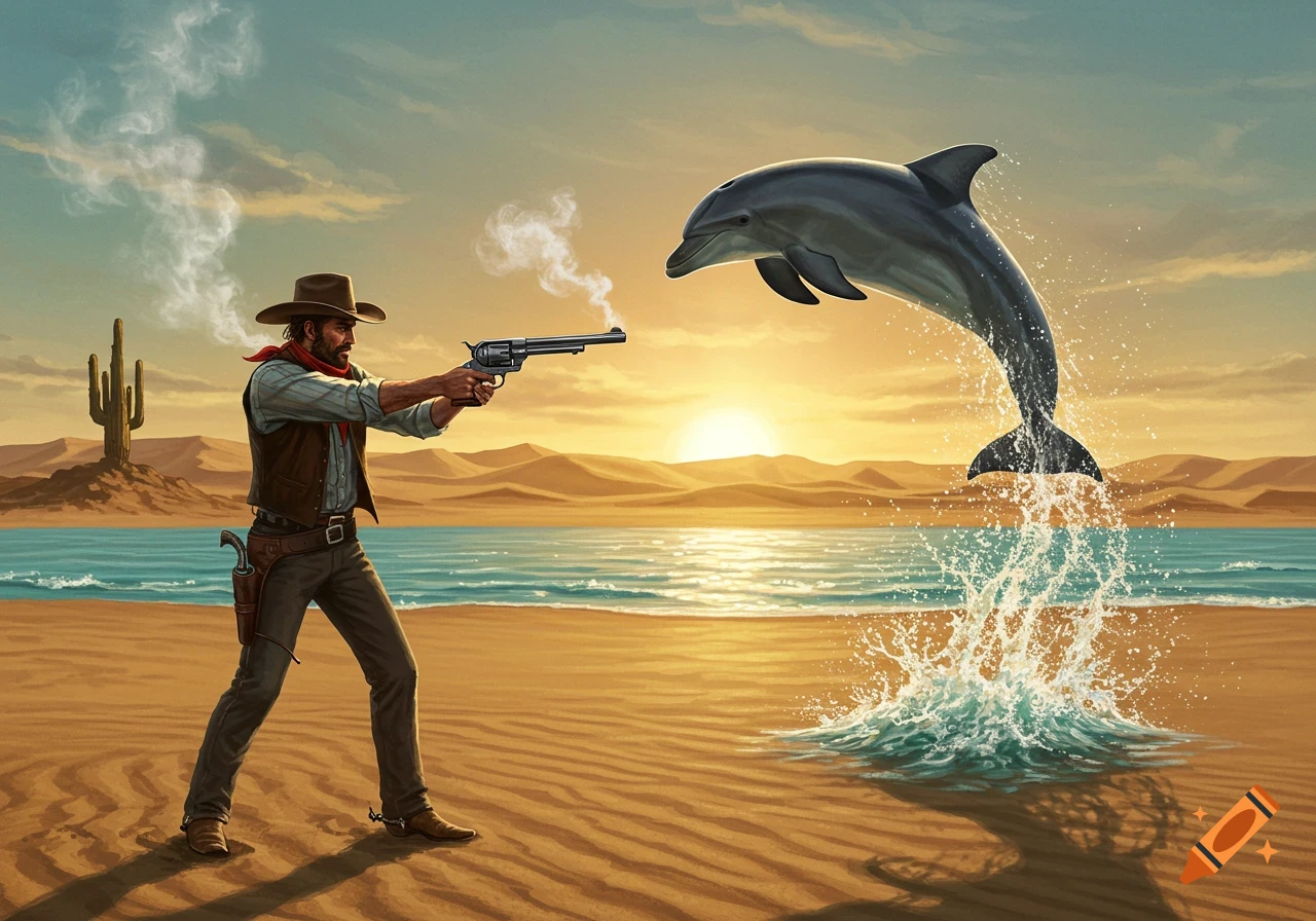 A cowboy in a desert beach aims a smoking revolver at a leaping dolphin during sunset, with a cactus in the background.