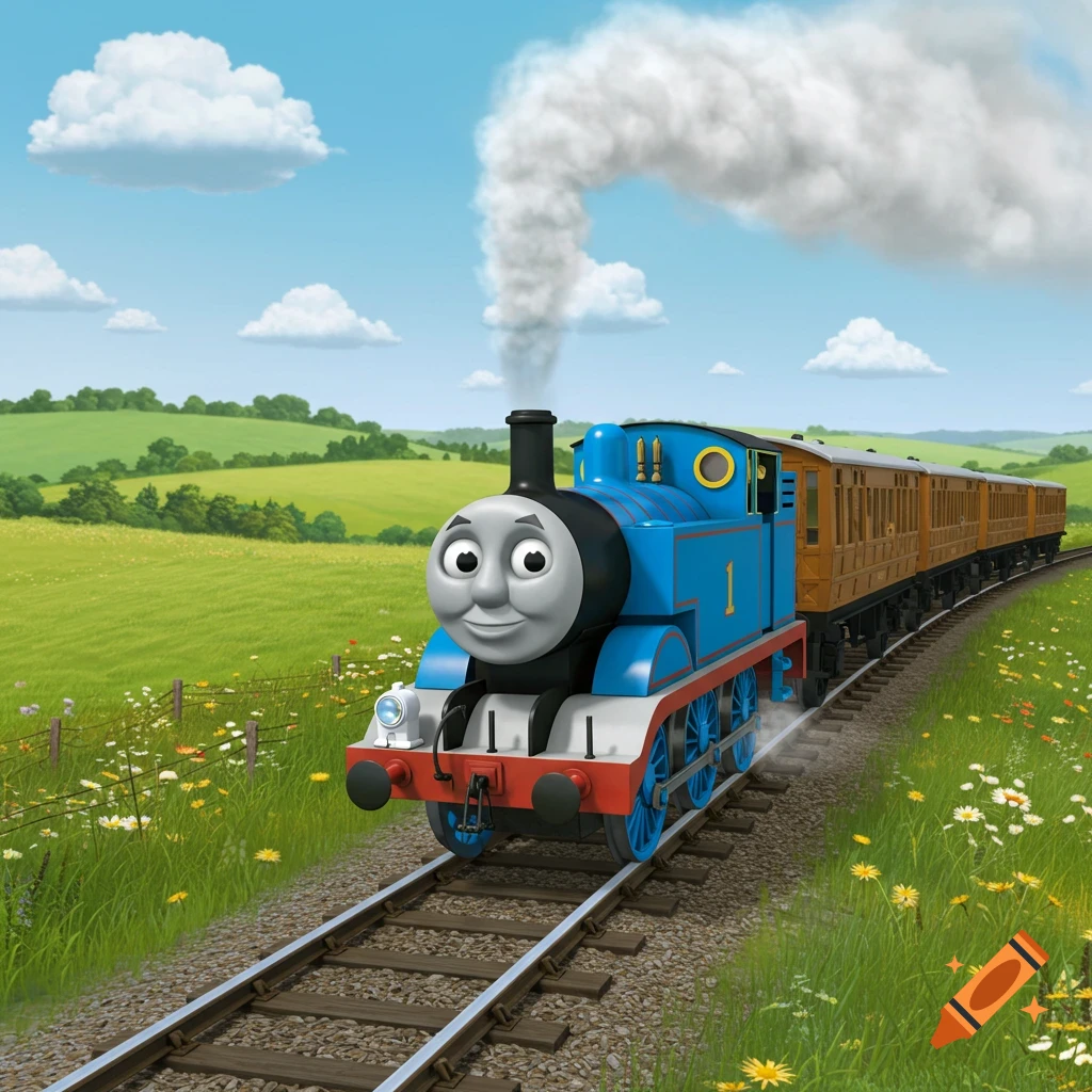 Thomas the Tank Engine smiling on train tracks in a vibrant green countryside with rolling hills and white clouds.