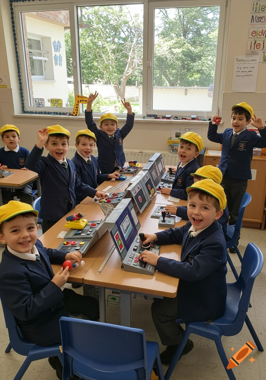 A group of young boys in blue blazer uniforms and yellow caps playing with toy train controllers in a classroom, smiling at the camera.