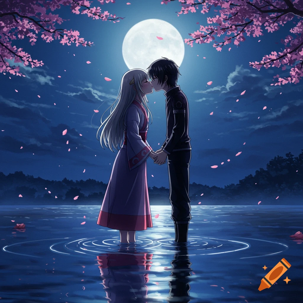An anime couple kisses while standing in water under cherry blossoms and a full moon at night, with reflections.