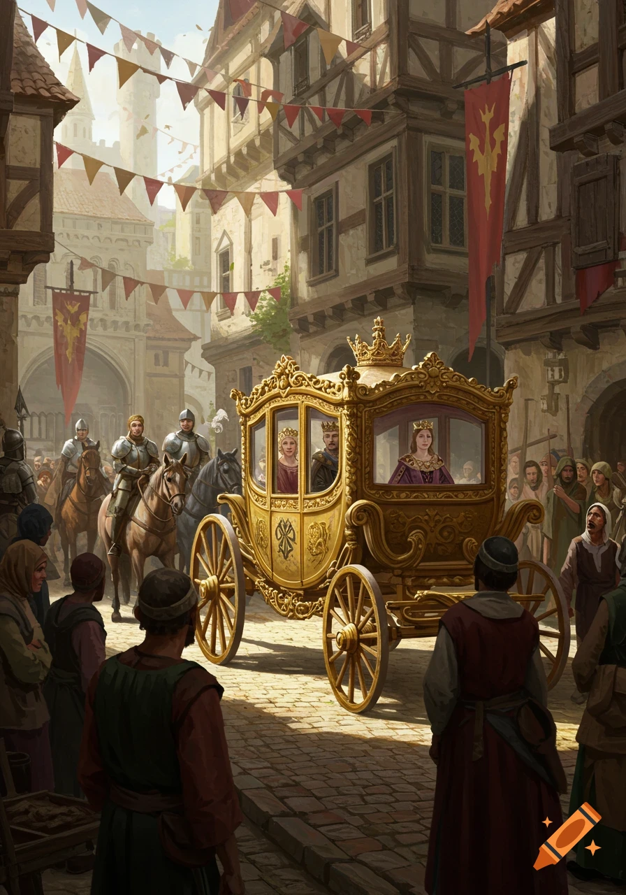 A golden, ornate carriage carrying monarchs, protected by guards on horseback, passes through a bustling medieval street lined with peasants and half-timbered buildings.