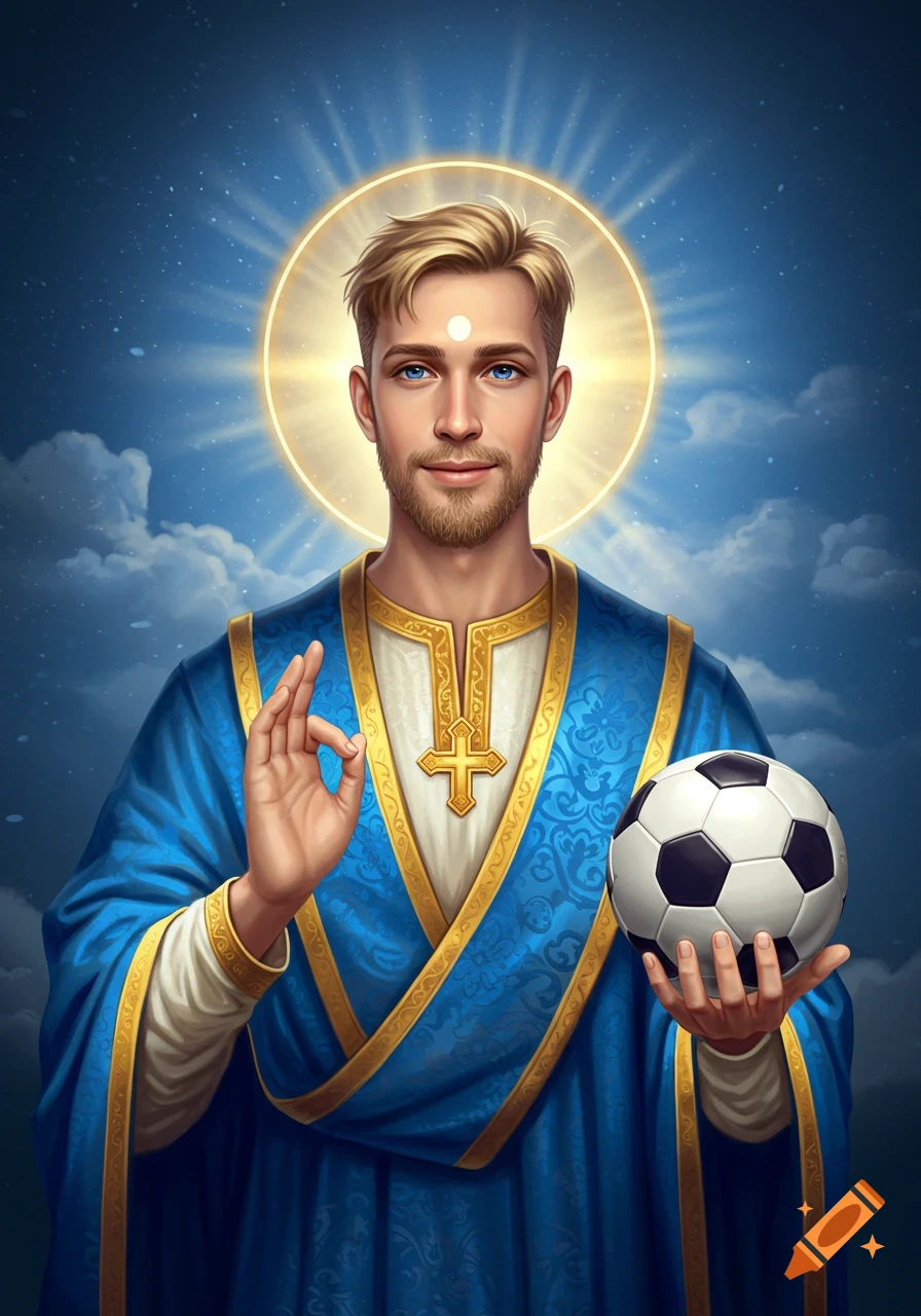 A saint-like man with a halo, blond hair, blue eyes, and beard in blue and gold robes, holding a soccer ball and blessing gesture.