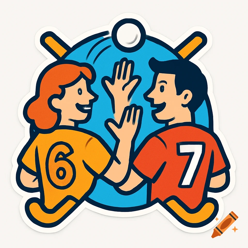 Cartoon sticker of a woman and man in sports jerseys with numbers 6 and 7, high-fiving under a field hockey ball.