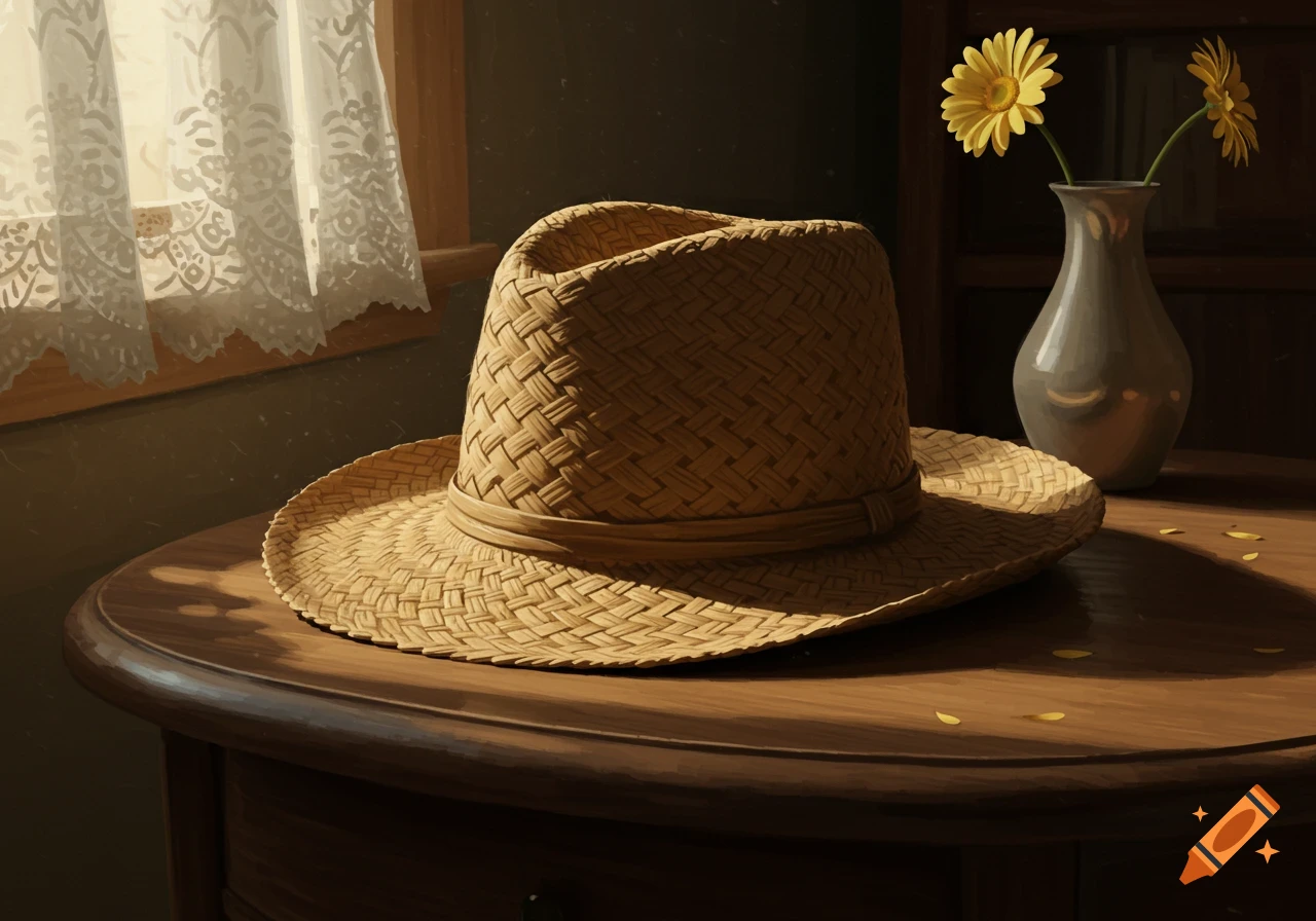 A straw hat and yellow flowers in a vase on a wooden table, next to a window with a lace curtain, in a warm, painterly style.