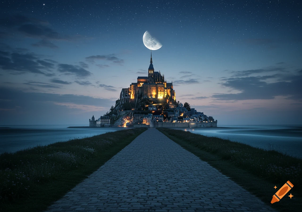 A cobblestone path leads to the illuminated Mont Saint Michel at night, a medieval abbey on an island, under a starry sky with a crescent moon.