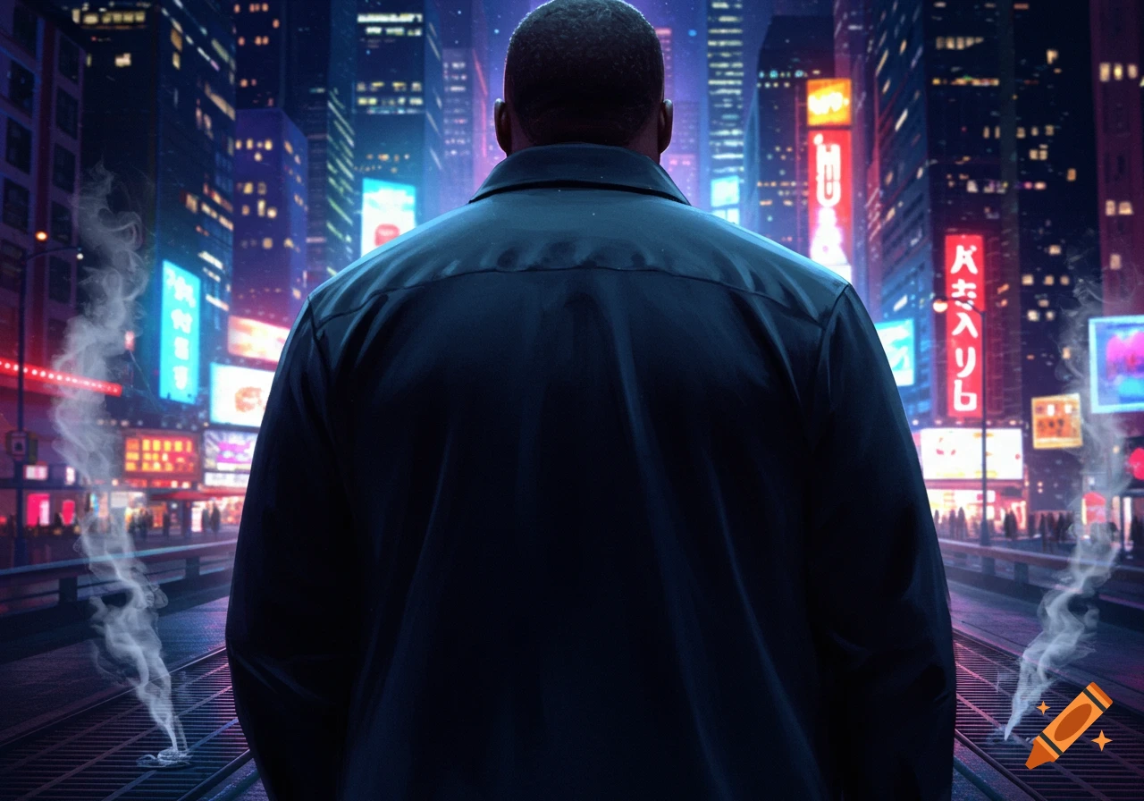 A person in a dark jacket stands with their back to the viewer, looking at a neon-lit futuristic city at night.