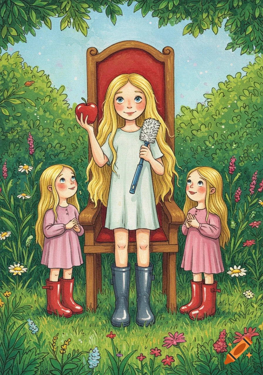 An illustration of three blonde girls in a garden, with one as a queen holding an apple and a toilet brush, in a crayon-like style.