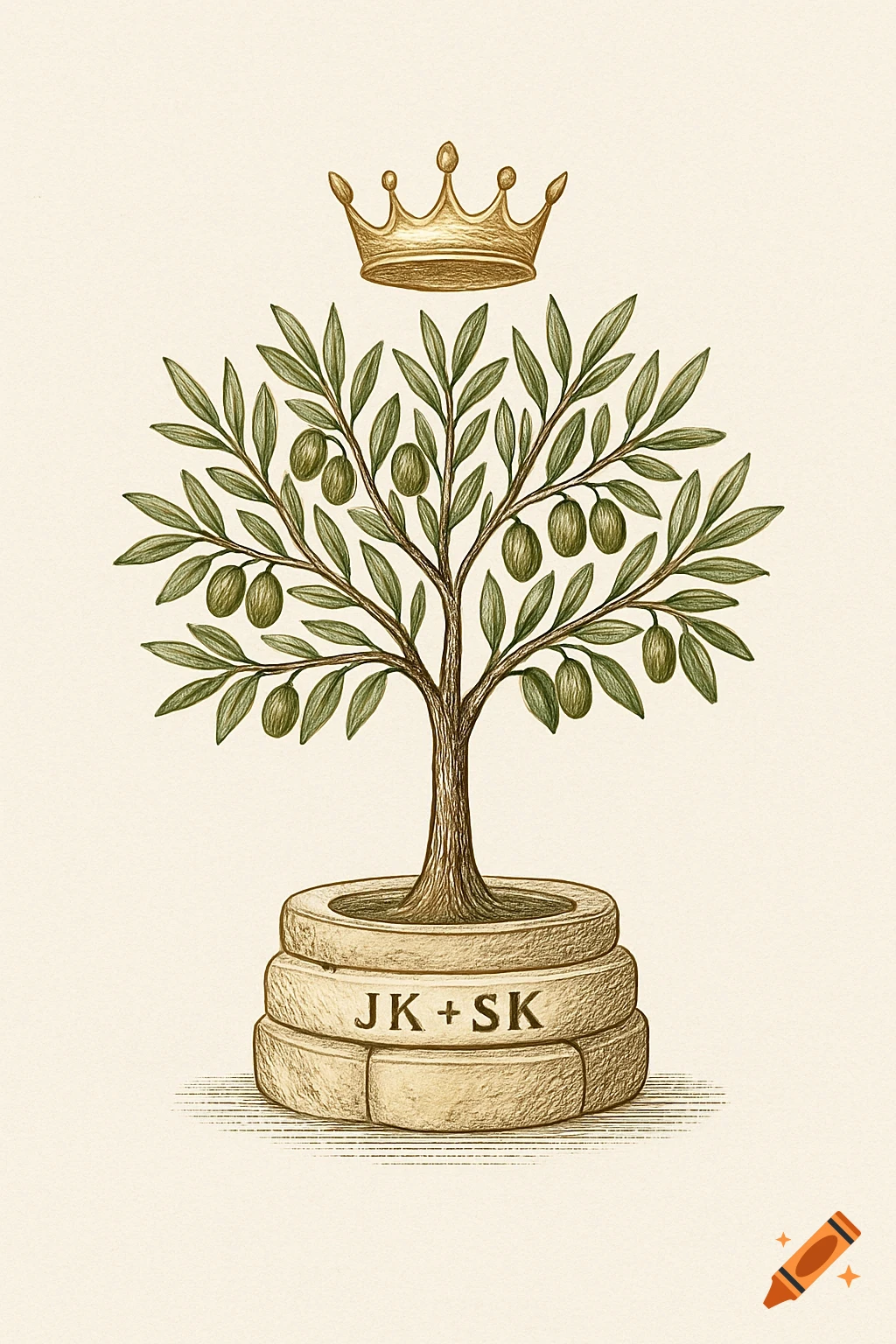 A vintage engraved illustration of an olive tree with olives, growing from a stone planter with 'JK + SK', topped by a golden crown.
