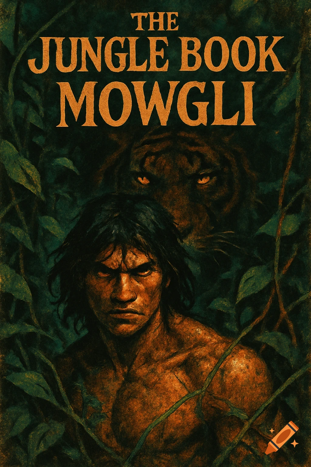 A dark, brutalist illustration of Mowgli from The Jungle Book with a tiger subtly appearing in the leafy background, featuring the title "THE JUNGLE BOOK MOWGLI" at the top.