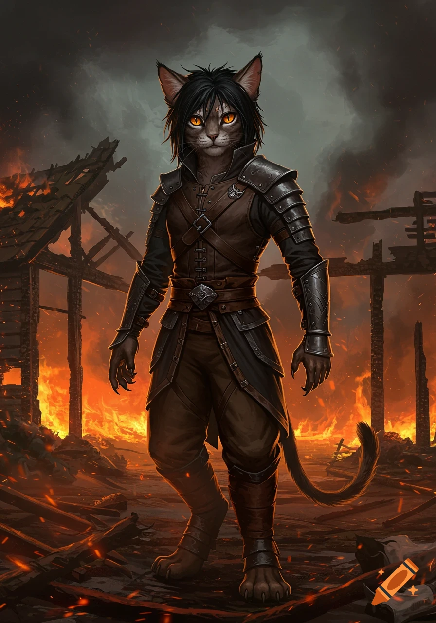 A cat person warrior in dark leather and metal armor stands defiantly amidst a burning, destroyed village.