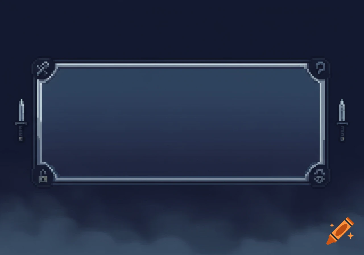 Dark blue pixel art text box frame with silver trim and gaming icons like swords, a lock, and question marks in the corners.