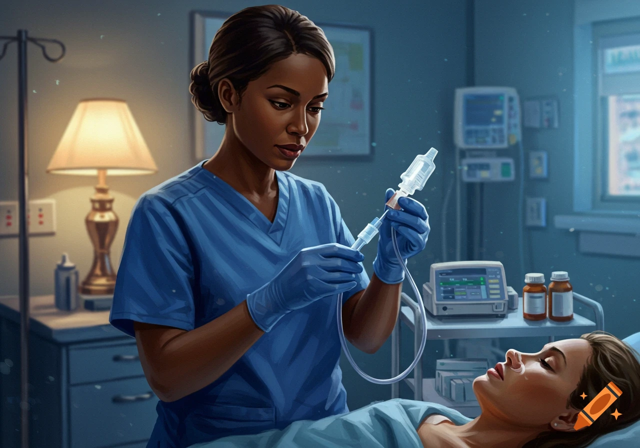 A nurse in blue scrubs and gloves prepares an IV in a dimly lit hospital room, with a patient lying in bed.