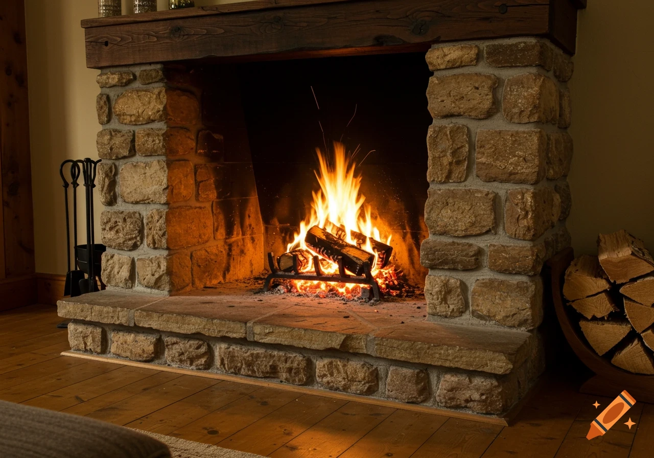 A cozy stone fireplace with a roaring fire and stacked logs next to it on a wooden floor.