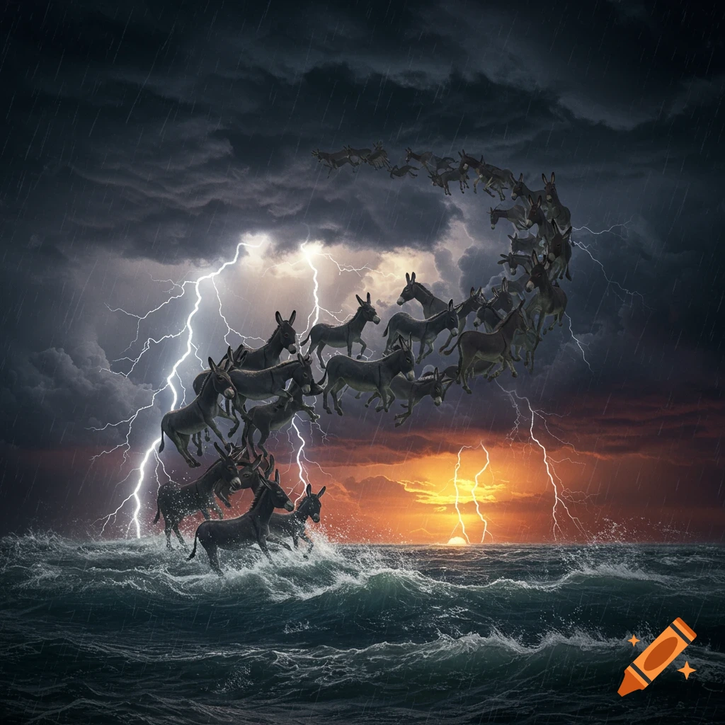 A surreal, photorealistic image of donkeys emerging from a stormy ocean and arcing into a lightning-filled sky with a sunset.