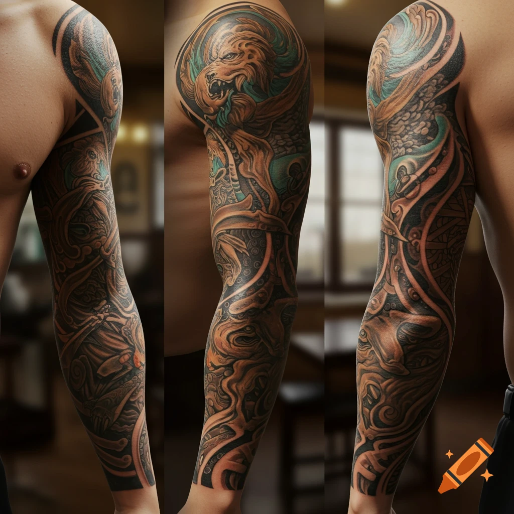 Detailed full sleeve tattoo on a man's arm, featuring a roaring beast, intricate patterns, and teal accents.