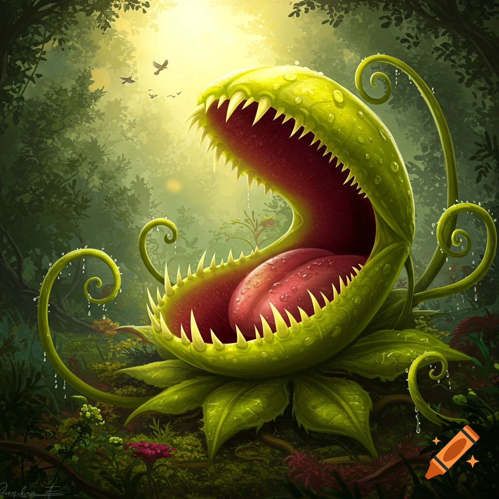 A stylized green carnivorous plant with a wide, red, toothy mouth and a tongue, sitting in a lush green forest with sunbeams filtering through the trees.