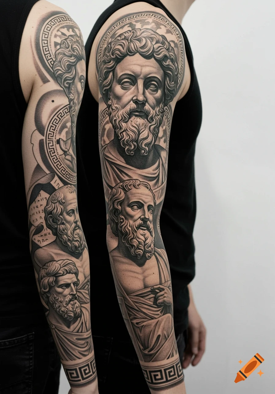 A black and white tattoo sleeve featuring detailed busts of Greek philosophers like Marcus Aurelius, Plato, and Socrates, with intricate Greek key patterns and decorative elements.