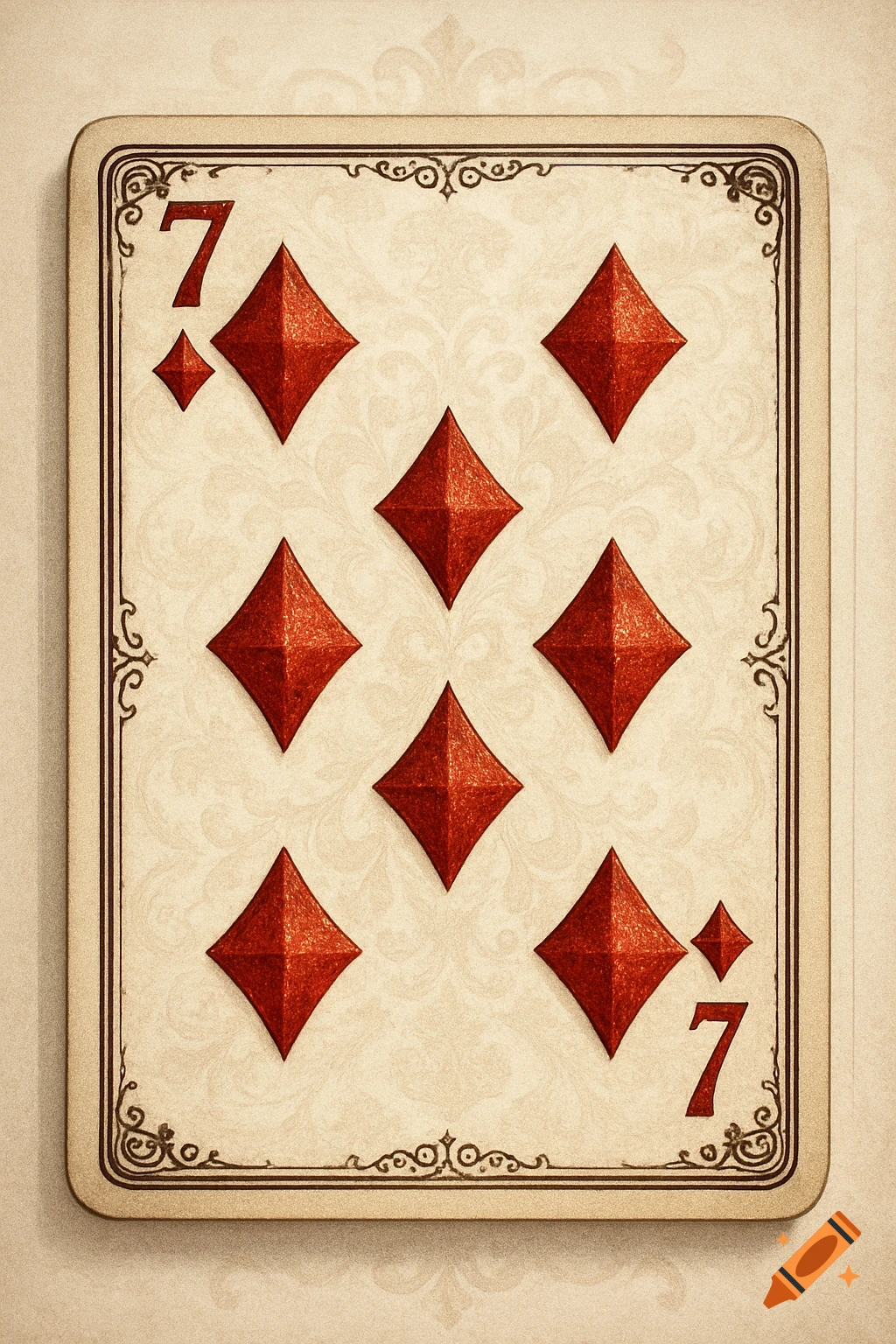 A vintage-style playing card, the 7 of Diamonds, featuring seven red diamond pips and the number 7 in the corners.
