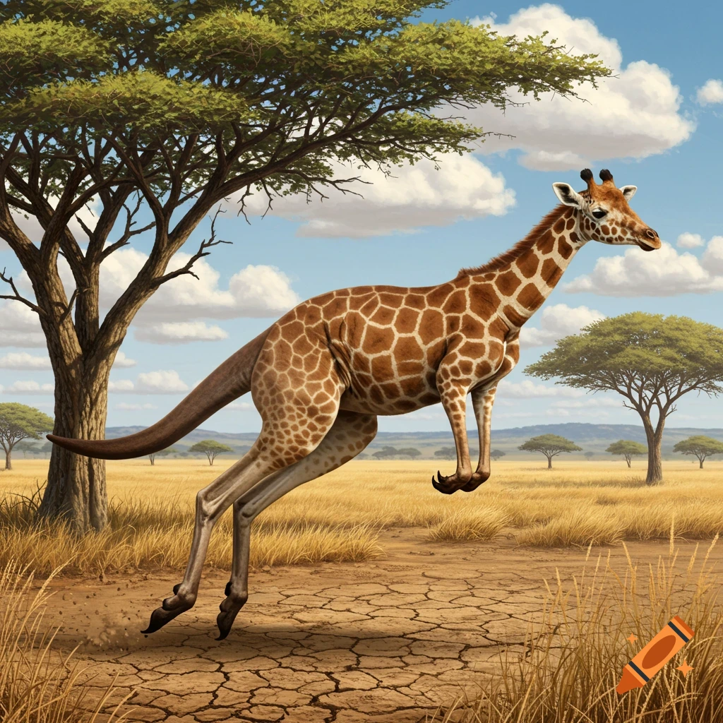A photorealistic kangaroo-giraffe hybrid animal hops across a dry savanna landscape with acacia trees under a blue sky.