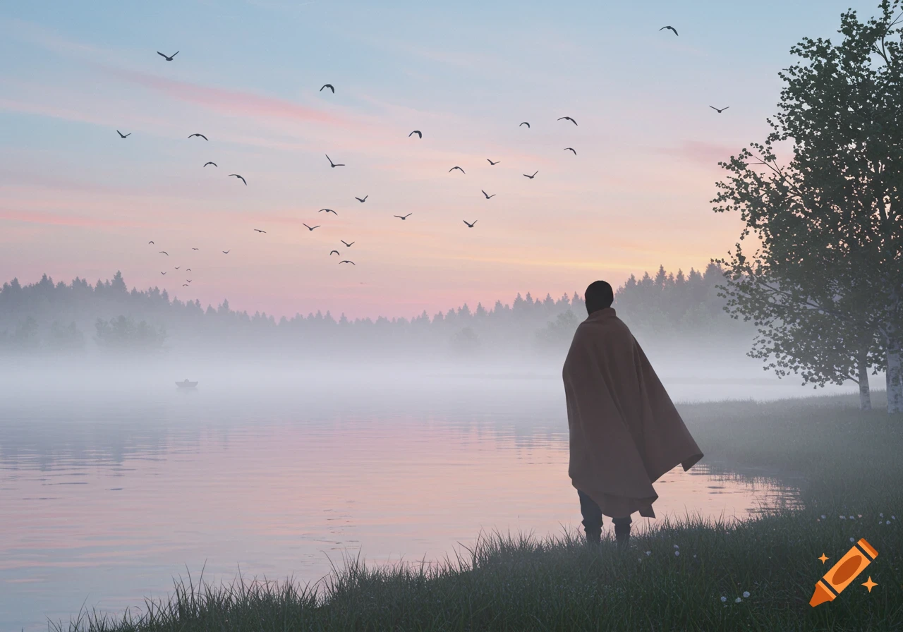 A cloaked figure stands by a misty lake at dawn, overlooking a foggy forest with birds flying in a pastel sky.