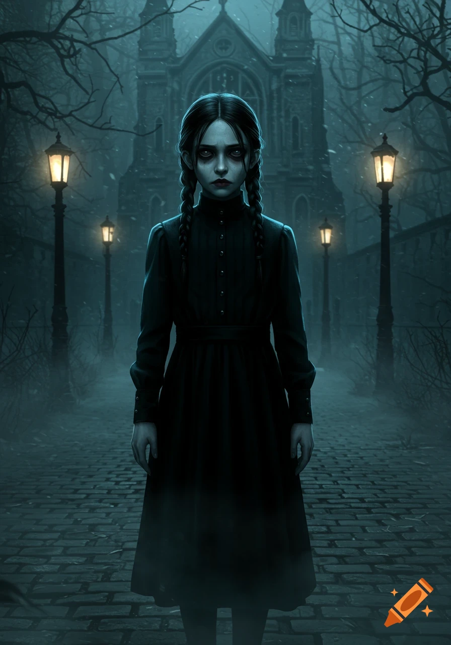 A pale girl in a black dress with braids stands on a foggy cobblestone path in front of a gothic church with glowing lampposts, dark and stylized.