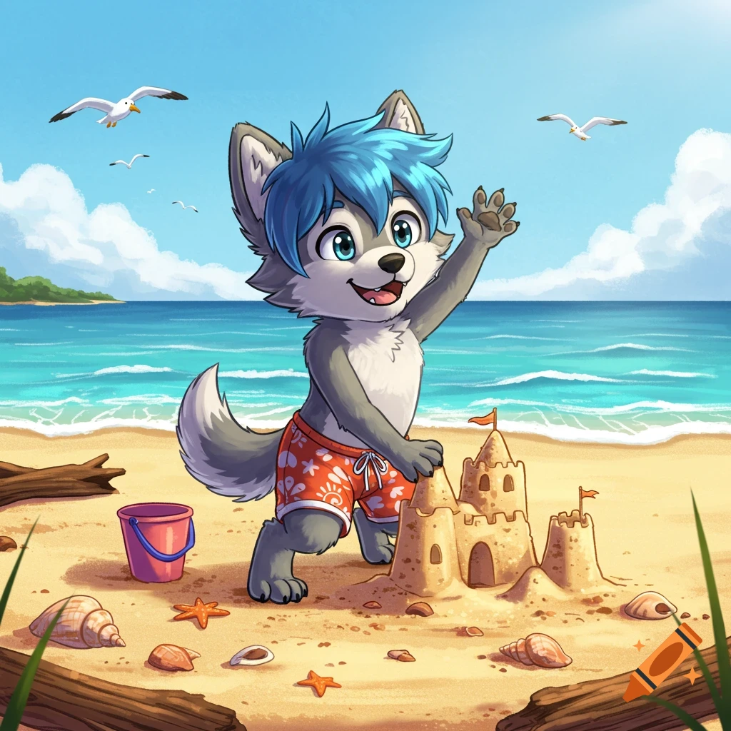 A cute cartoon anthropomorphic wolf cub with blue hair, wearing swim trunks, waves on a sunny beach while building a sandcastle.
