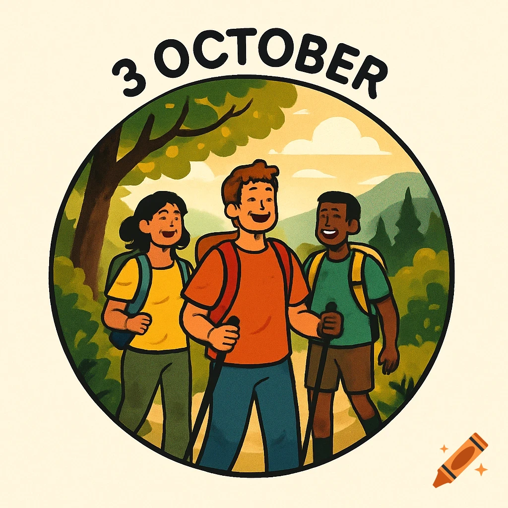 Circular illustration: Three diverse friends hiking with backpacks and poles, text '3 OCTOBER' overhead, in a forest.