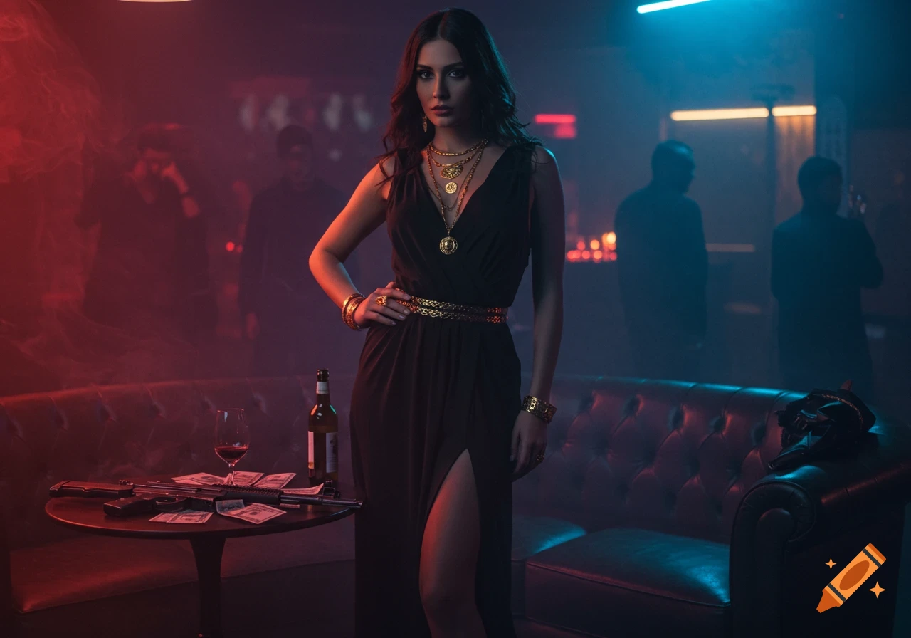 A mysterious woman in a dark dress and gold jewelry stands in a smoky nightclub with money and a gun on a table, photorealistic.