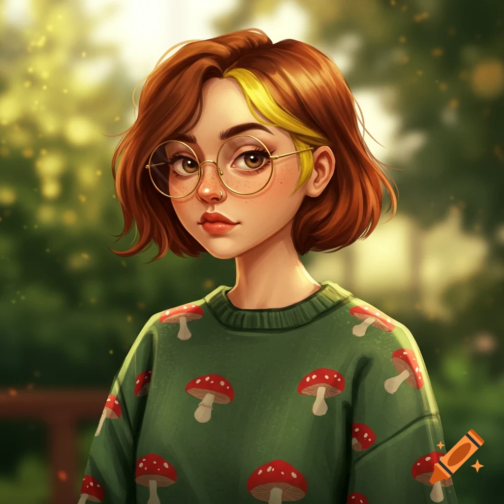 An illustration of a short-haired girl with a yellow streak and gold glasses wearing a green mushroom sweater in a sunny garden.