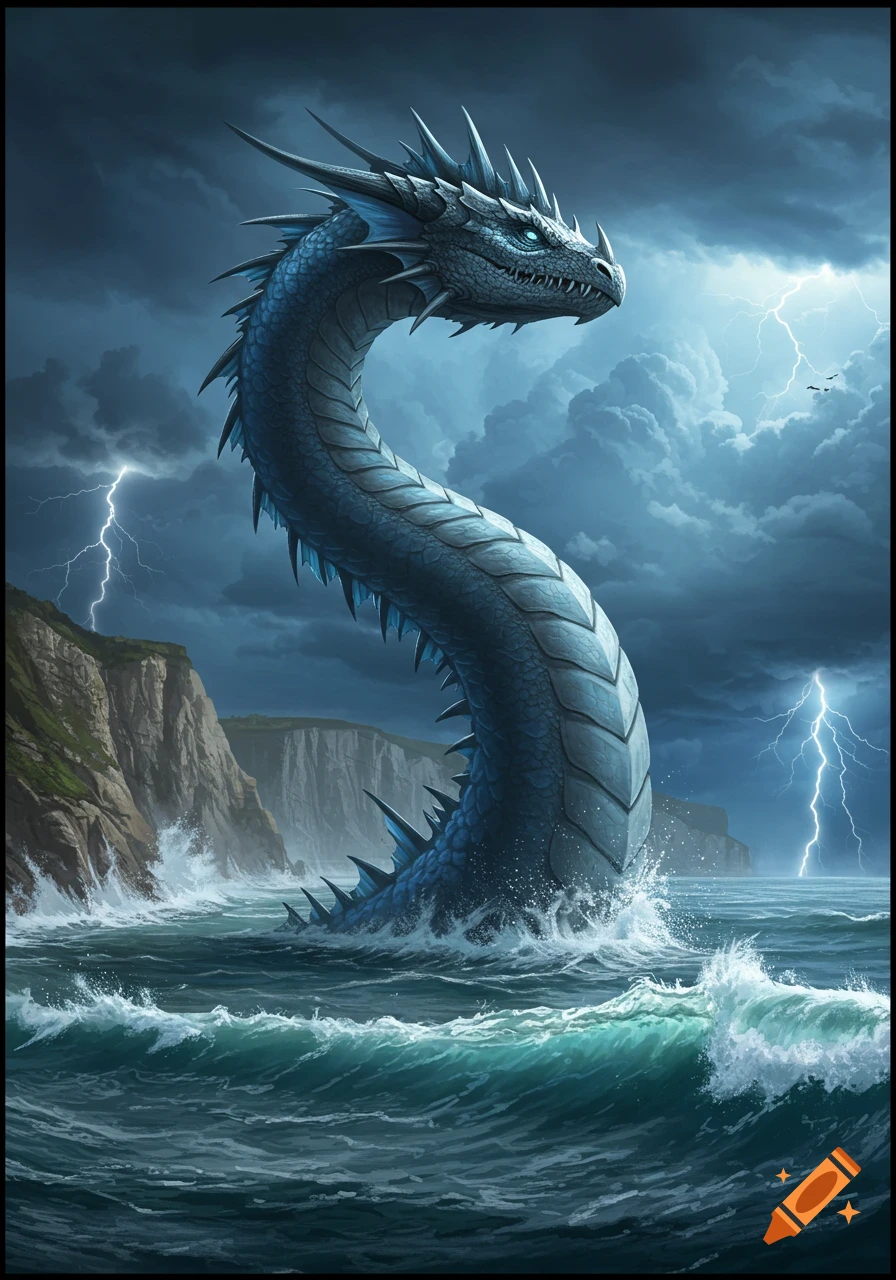 A colossal blue serpent-like sea monster with spikes rises from turbulent ocean waves under a dark, stormy sky with lightning.