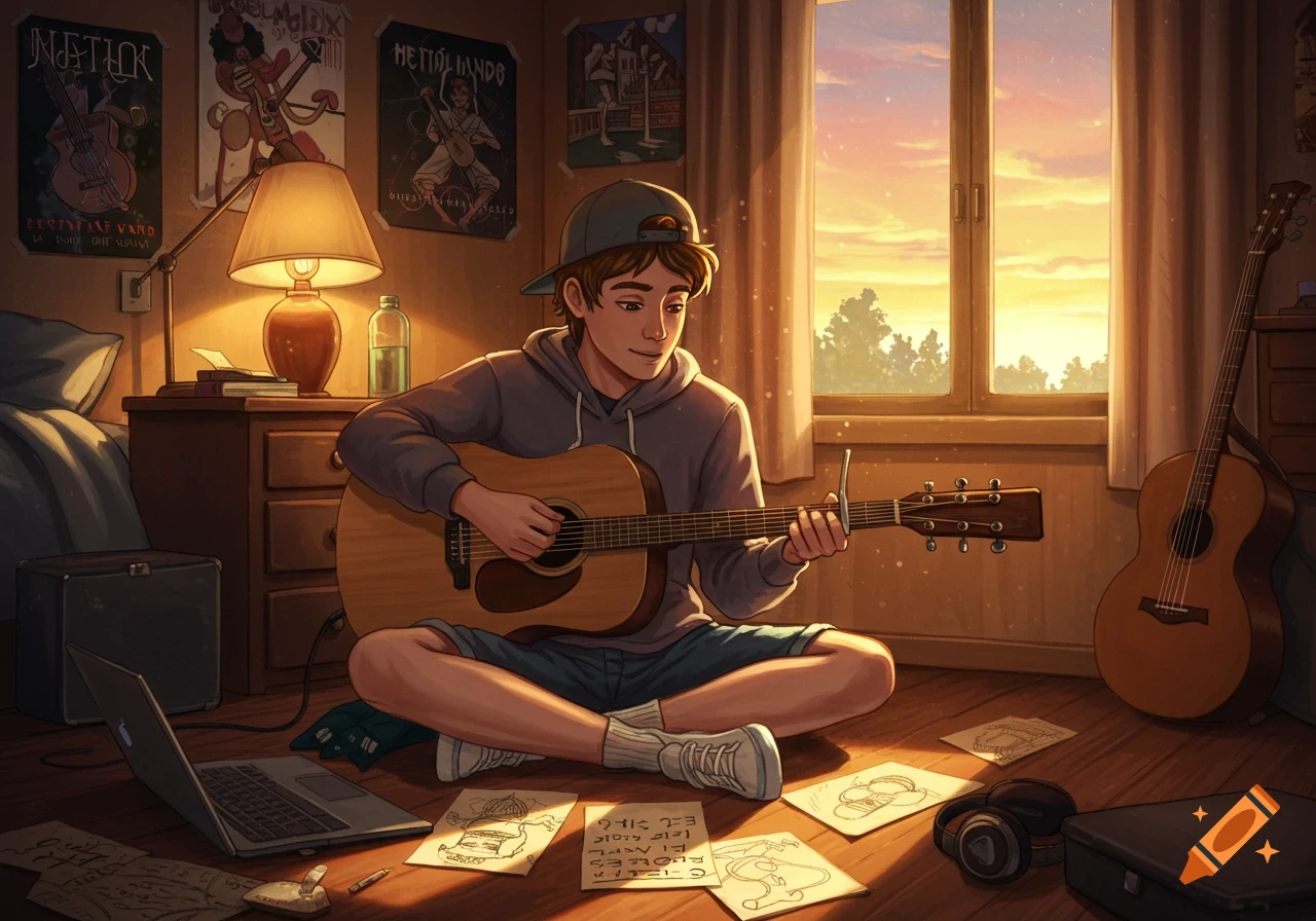 A Disney-style animated young man plays an acoustic guitar, sitting cross-legged in his room at sunset, with papers on the floor.