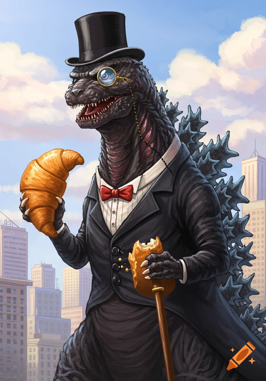 Godzilla in a top hat and suit, wearing a monocle, holding and eating croissants in a city. Illustrated.