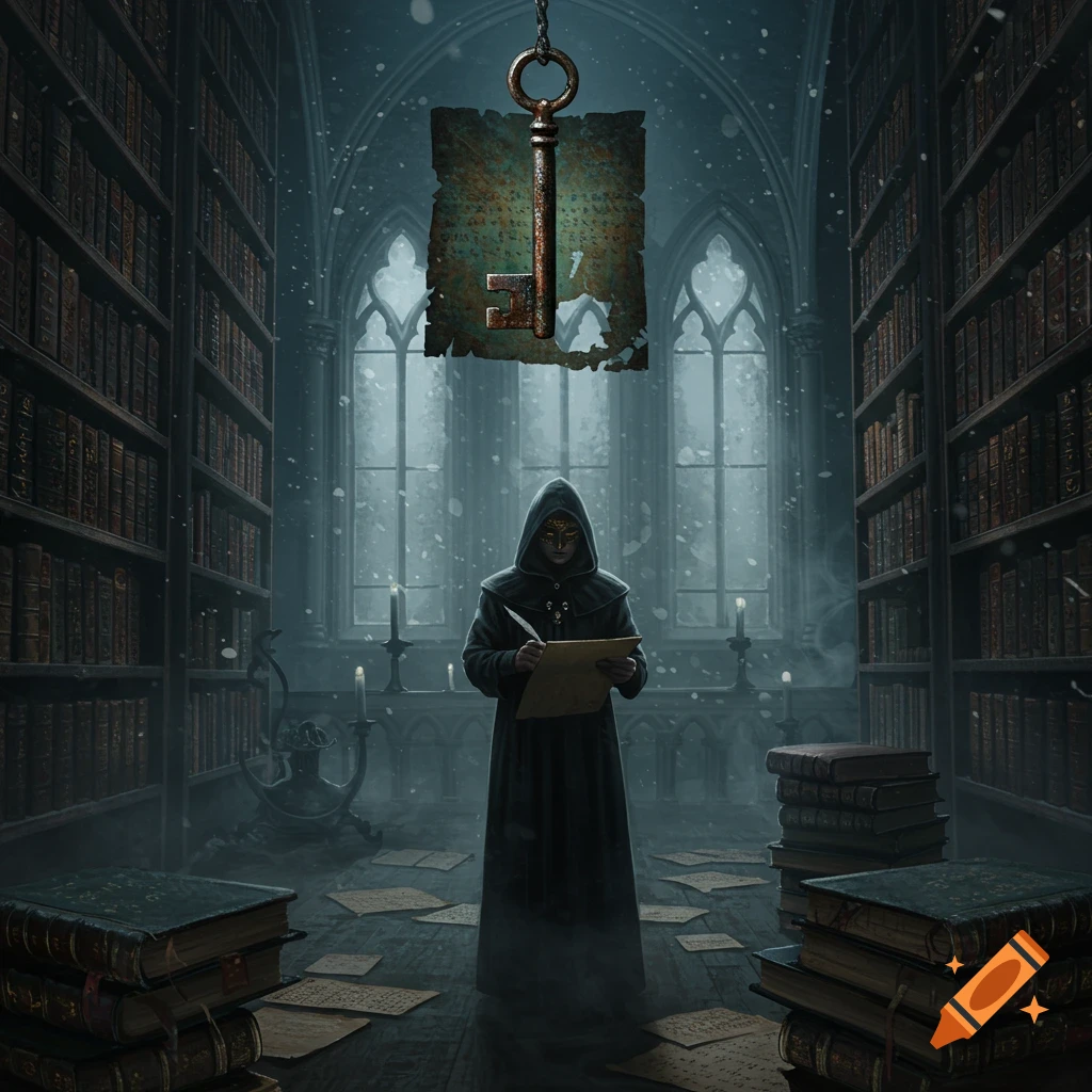 A cloaked figure with a golden mask writes in a gothic library, illuminated by light through arched windows. An ornate key hangs above, and old books are stacked around.