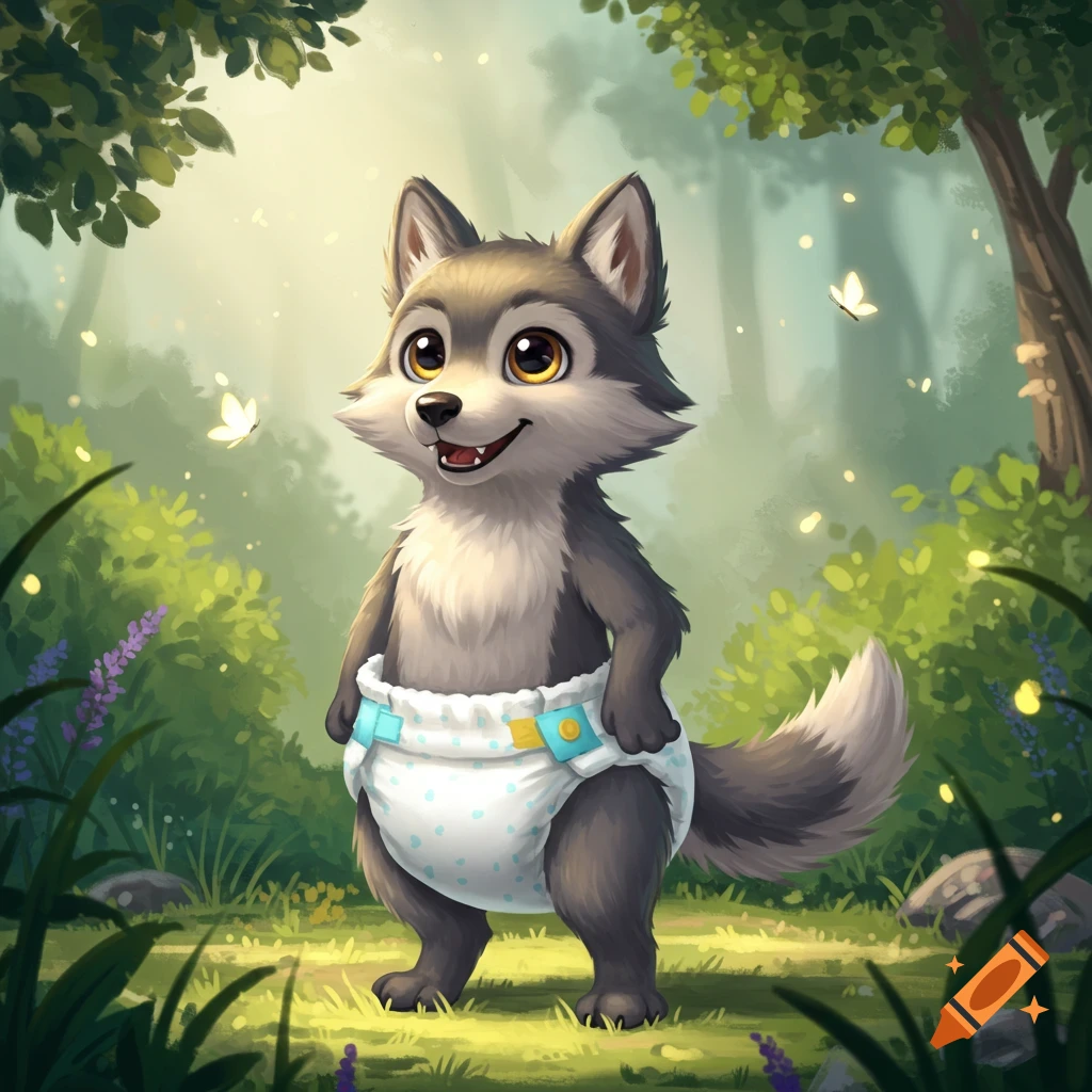 A cute, smiling cartoon wolf in a diaper stands in a sunlit forest clearing with butterflies.