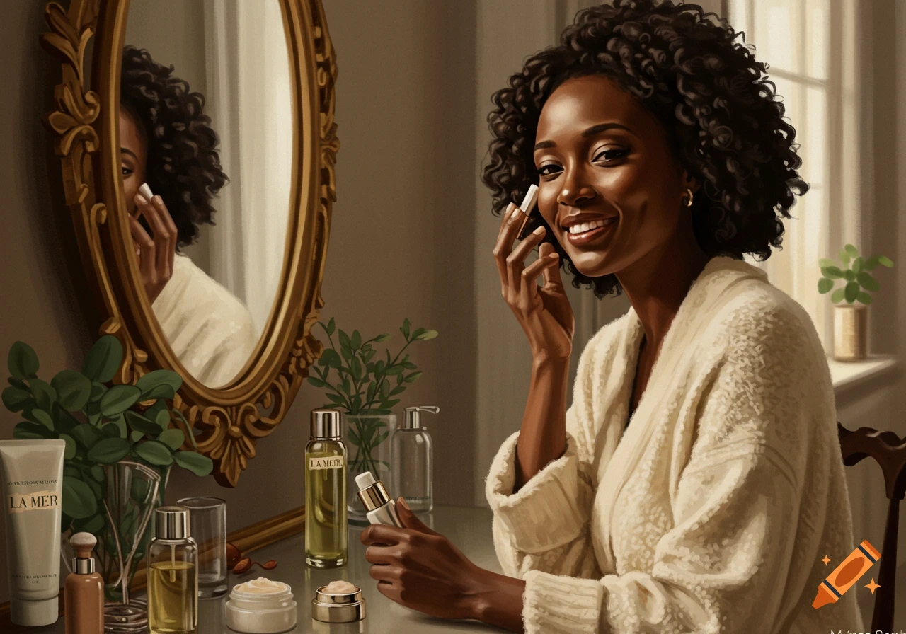 A smiling Black woman in a robe applies skincare product at a vanity with La Mer products.