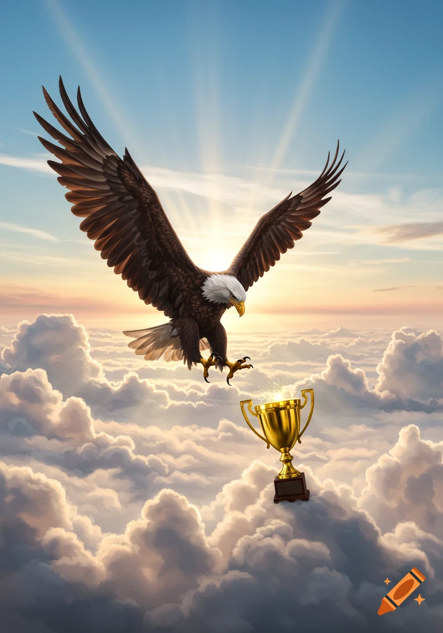 An eagle with spread wings descends from a bright sky towards a glowing golden trophy among white clouds.