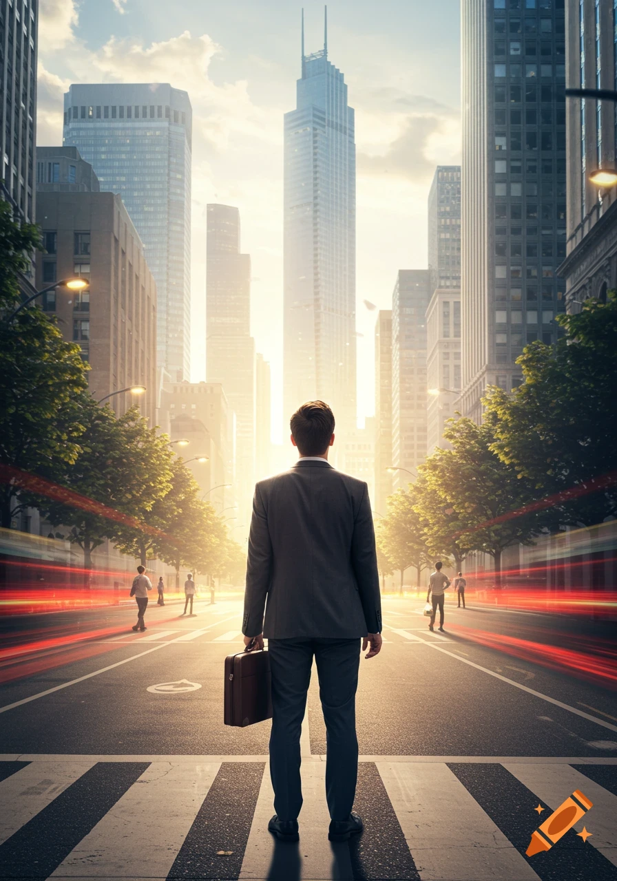 Businessman with briefcase stands in a city crosswalk, looking towards a bright, modern cityscape with light streaks.