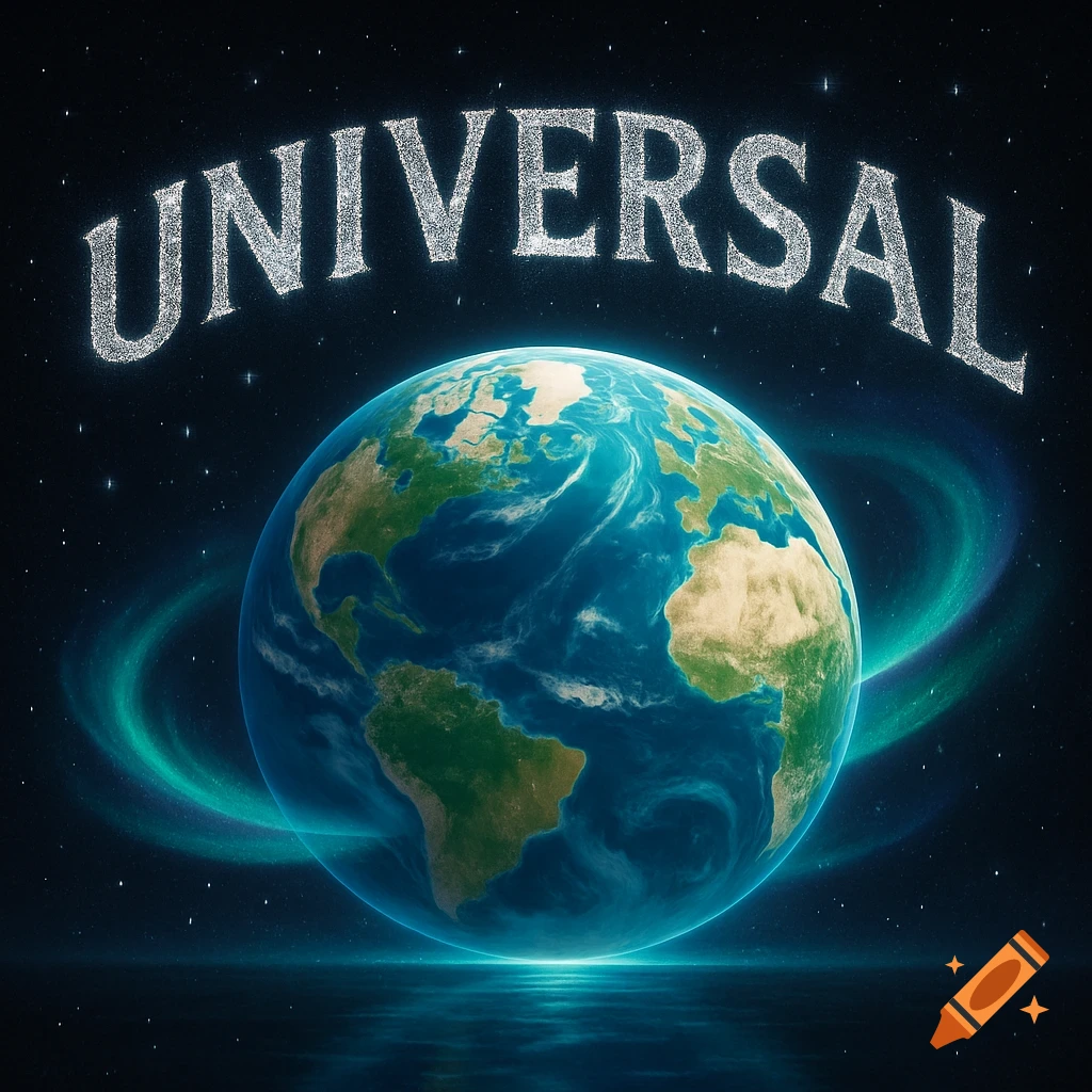 The Earth floats in space with glowing blue rings, and the word 'UNIVERSAL' arcs above it.