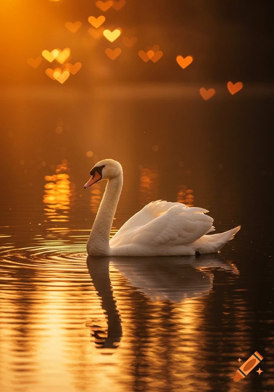 A photorealistic white swan floats on water at golden hour with glowing orange heart-shaped bokeh lights above and reflected.