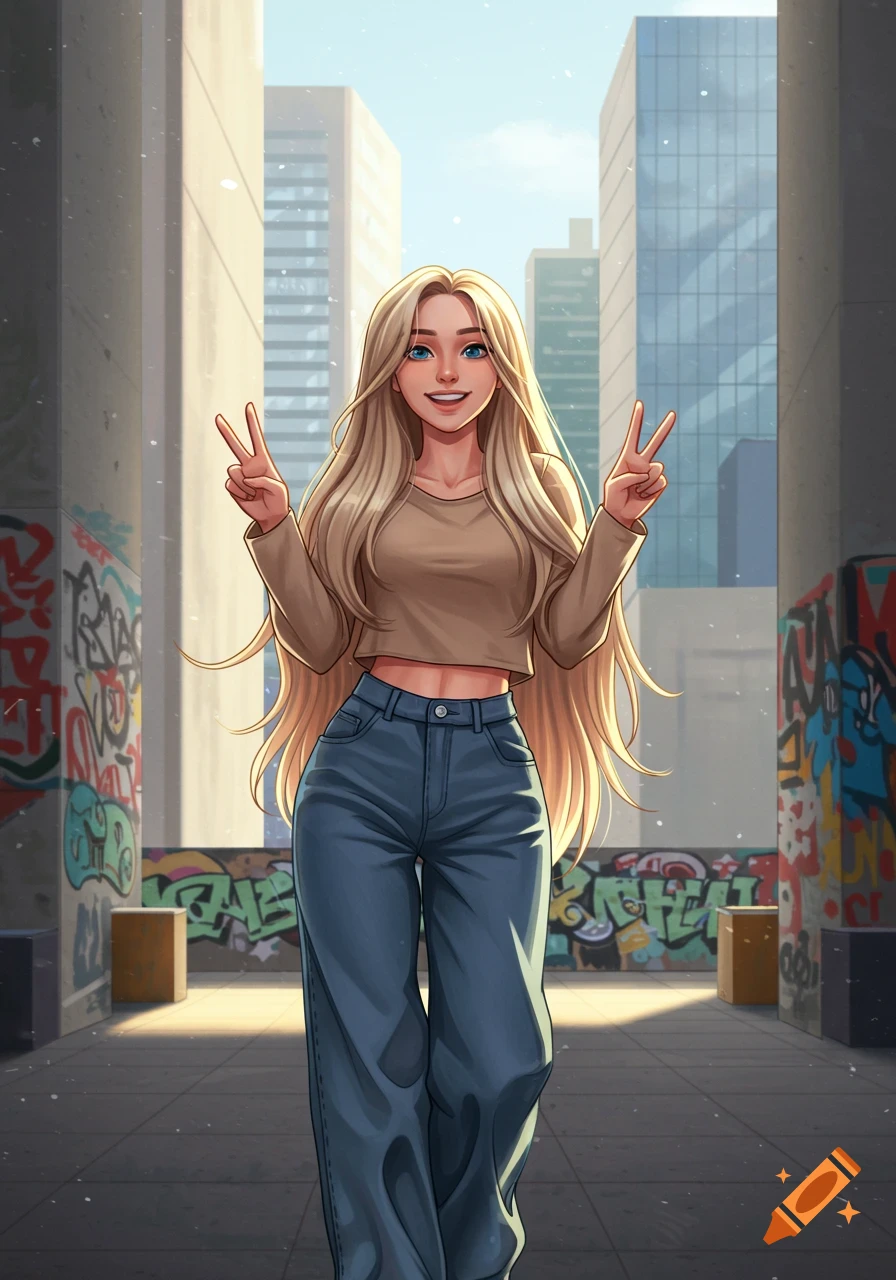 Anime-style illustration of a smiling blonde girl in a city street, making peace signs with both hands.