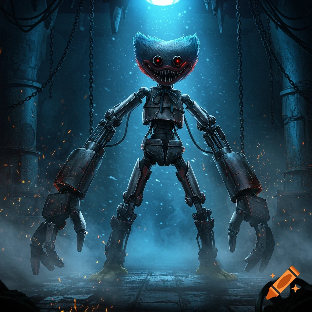 A menacing robotic Huggy Wuggy with blue fur, red eyes, and a toothy grin stands in a dark, industrial room.