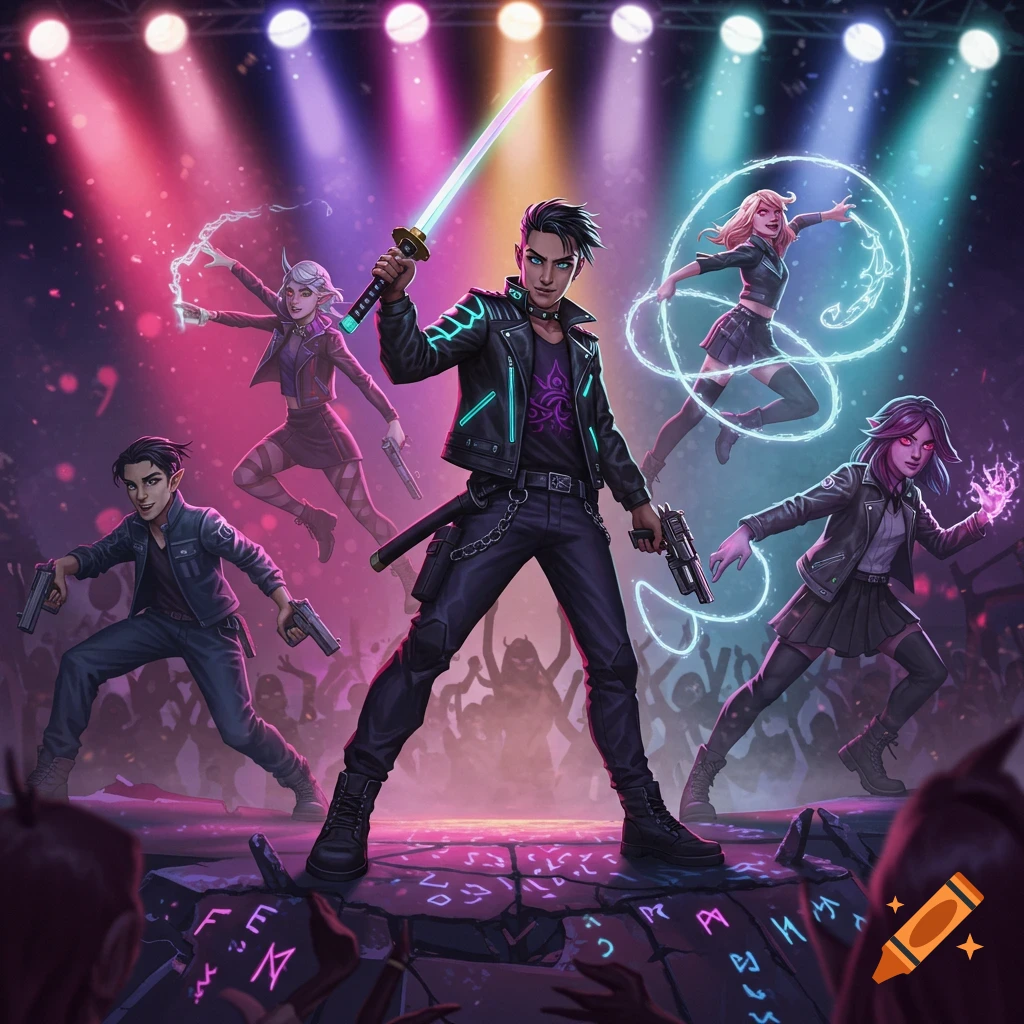 Five stylized demon hunters with glowing weapons and powers on a stage under vibrant spotlights.