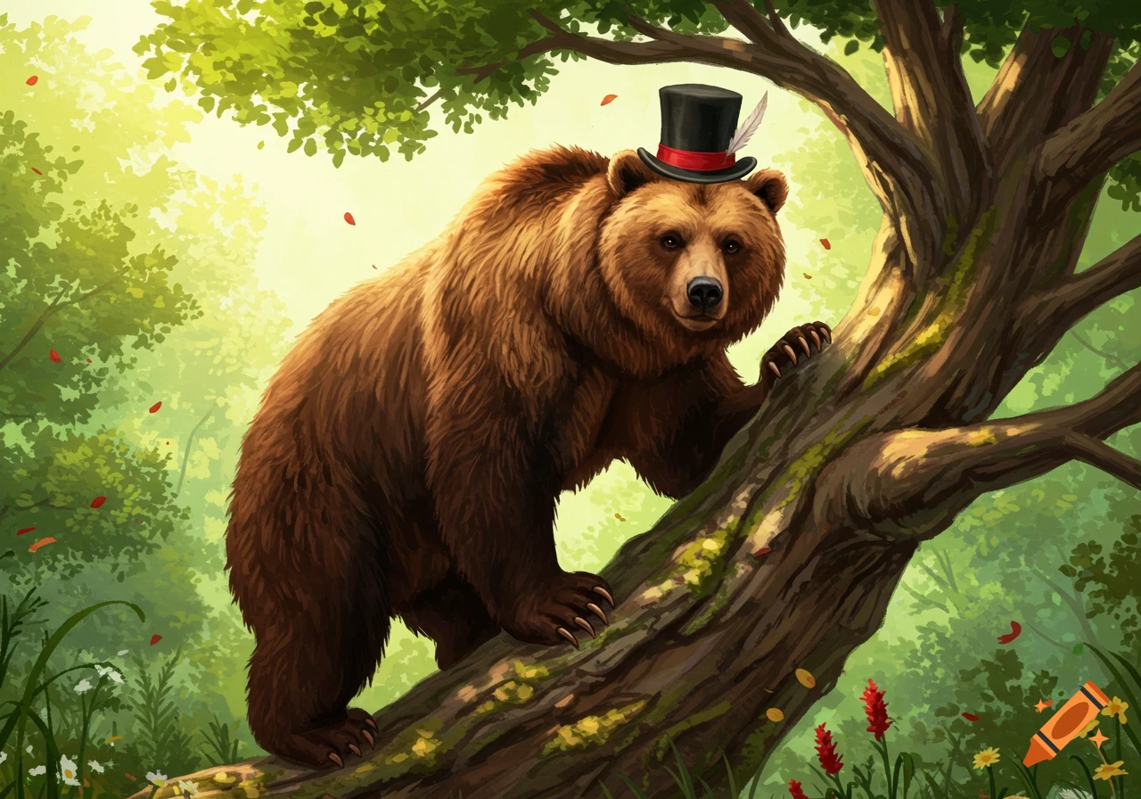 A brown bear wearing a black tophat with a red band and feather climbs a tree in a lush green forest, in an illustrated style.
