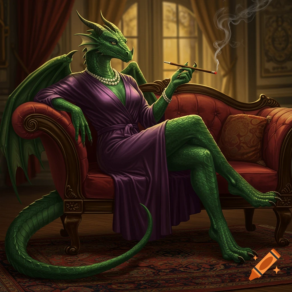 A green anthropomorphic dragon in a purple robe with a pearl necklace sits on a red chaise lounge, holding a cigarette holder, in an opulent room.